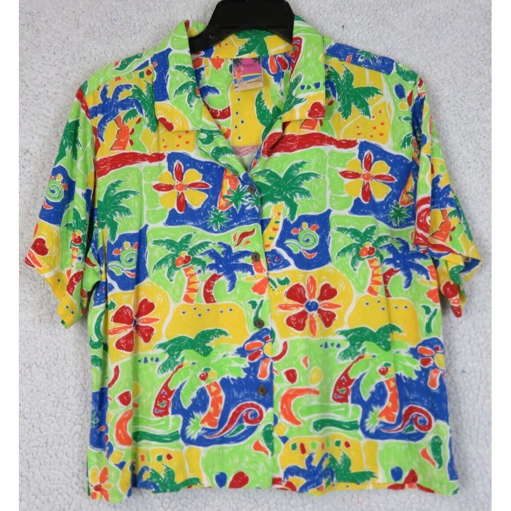 Womens TOO HOT SUNWEAR Short Sleeve Button Front Shirt‎ Size L Rayon USA Made